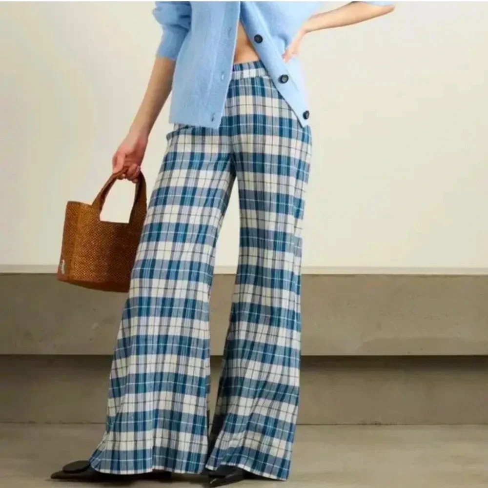 Suzie Kondi Elira Checked Cotton-Gauze Wide-Leg Pants - Blue & White Cottage